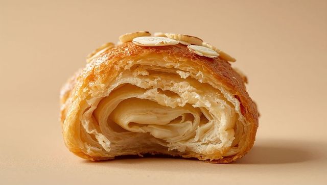 Halved almond croissant revealing flaky butter layers with sliced almonds