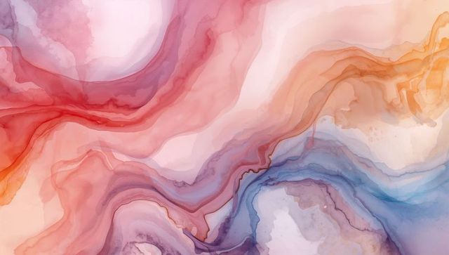 Flowing watercolor marble abstract with translucent layers, gold veins, warm reds, cool blues