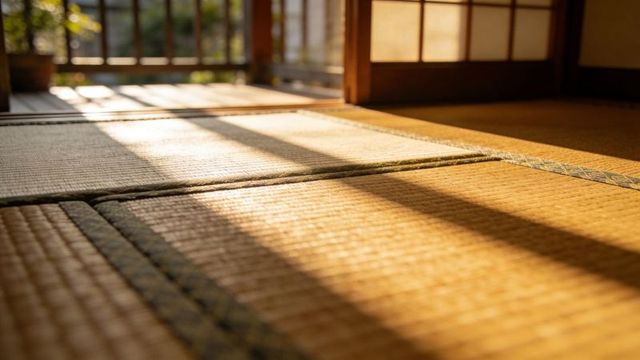 Sunlit tatami room with warm golden light and long shadows through shoji doors