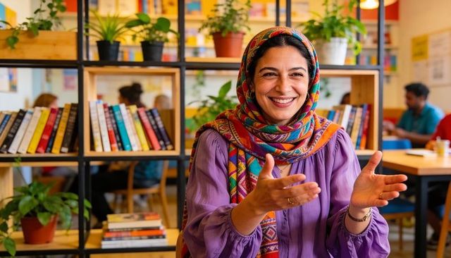 Smiling mideast woman wearing colorful hijab gesturing in cozy coworking cafe with books