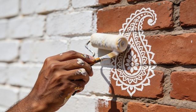 Artist painting white paisley mandala on sunlit red brick wall using roller and brush