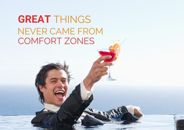Businessman in suit toasting with cocktail while relaxing in pool. Motivational quote on success and breaking comfort zones. Ideal for inspirational posters, business seminars, corporate events, social media content on professional growth and motivation.