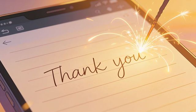 Sparkler sending golden sparks across tablet notepad writing thank you in script