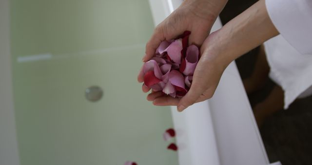 Hands gently holding a bunch of red and pink rose petals above a bathtub filled with water. This image is perfect for promoting spa services, relaxation products, or self-care routines. Suitable for use in advertisements, blogs, or social media posts related to wellness, beauty, and calmness.