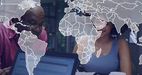 Professional Team Collaborating in Modern Office with Digital Overlay