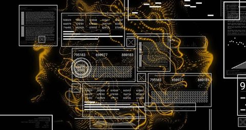 Pulsing central data cluster with floating white-outlined ui panels and golden particle waves