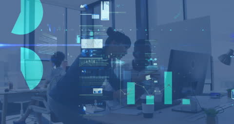 Collaborative Business Team Analyzing Digital Data Interface in Modern Office