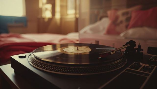 Spinning vinyl record on turntable in cozy bedroom