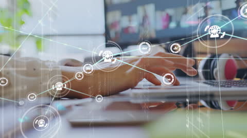 Businesswoman Engaging with Digital Network Interface at Laptop