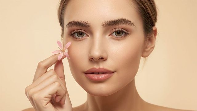 Skincare beauty portrait holding pale pink flower with flawless skin minimalist headshot