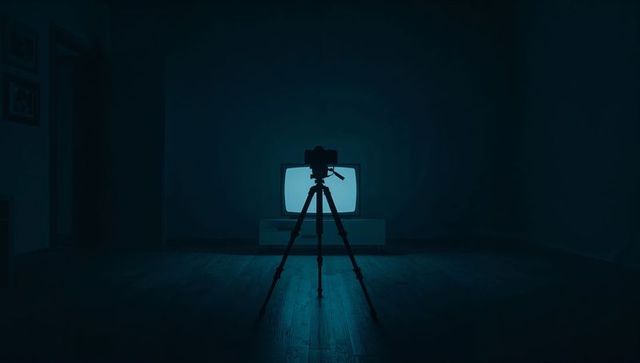 Camera on Tripod Facing Blue CRT TV in Moody Minimalist Living Room Silhouette