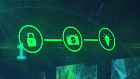 This visual illustrates cybersecurity and data processing using glowing digital icons of a lock, camera, and lightbulb against a backdrop of binary code. Ideal for use in presentations, articles, or marketing materials related to technology security, digital transformation, or innovation.
