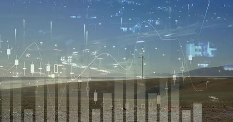 Blending wind farm landscape with financial charts at twilight with light trails