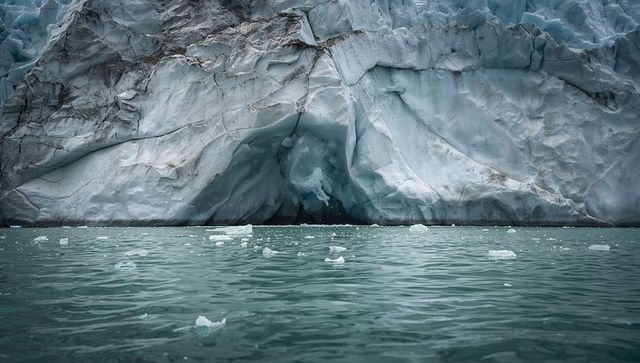 Massive glacier face calving into turquoise seawater, arctic fjord ice fragments