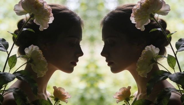 Young woman facing mirrored reflection among pale garden roses with soft backlight