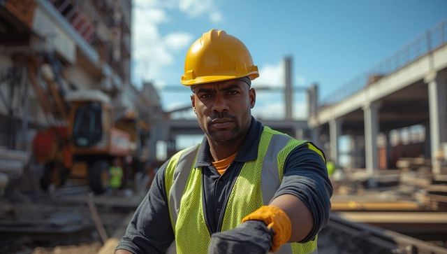 Confident construction worker overseeing building progress