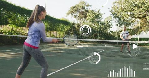Woman Analyzing Tennis Performance with Data Overlay