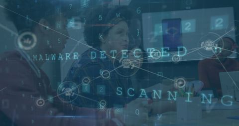 Diverse team analyzing data with virtual malware detection interface