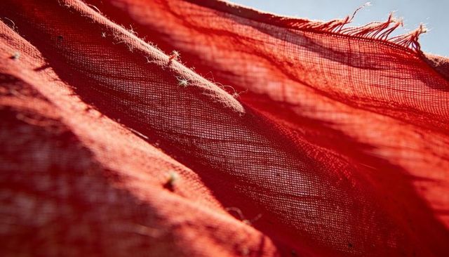 Frayed red linen texture close-up sunlit threads fringe macro background