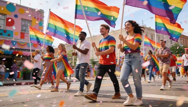 Diverse crowd marching and waving rainbow flags, celebrating pride parade with confetti
