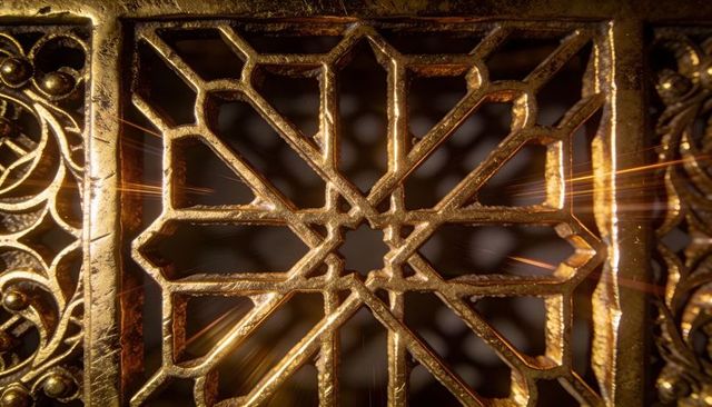 Glinting gilded octagram grille close-up showing worn metal texture and ornate lattice