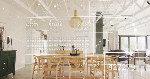 Modern Scandinavian Dining Room with Augmented Reality Data Overlays and Timber Beams