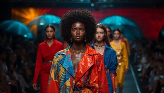 Models striding in vibrant fashion on trendy runway