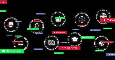 Futuristic HUD Showing Glowing Circular Icons, Notifications, Video Alerts on Black Background