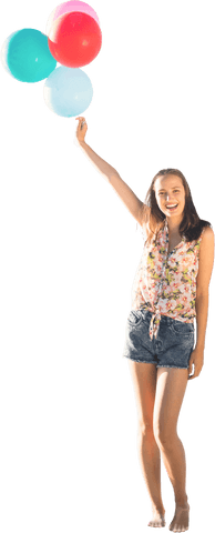 Young Caucasian Woman Joyfully Holding Colorful Balloons Transparent