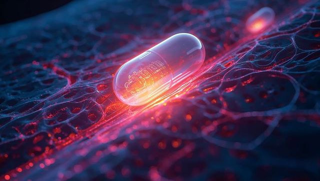 Glowing transparent capsule revealing microcircuitry across neural mesh with illuminated nodes