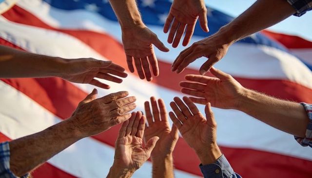Reaching hands forming circle over american flag symbolizing unity solidarity and patriotism