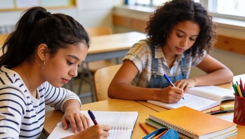 Teen Girls Writing and Studying Together in Bright Classroom, Focused Schoolwork Moment