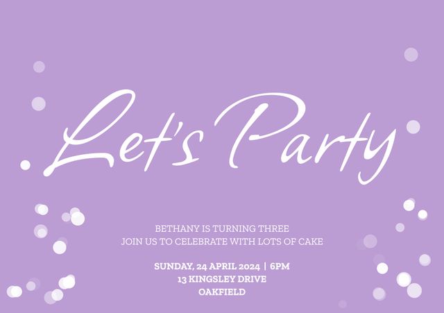 Purple-themed elegant birthday party invitation for a child's third birthday celebration. Ideal for event planners, parents preparing for their child's birthday, or graphic designers. Can be used in marketing materials, social media announcements, or printed as physical invitations.