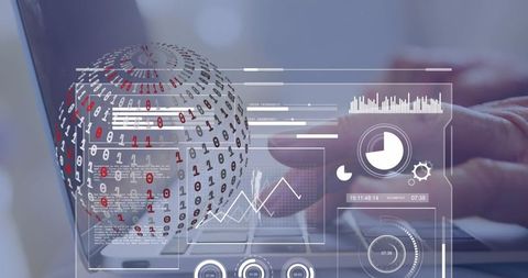 Hand interacting with laptop and digital analytics interface