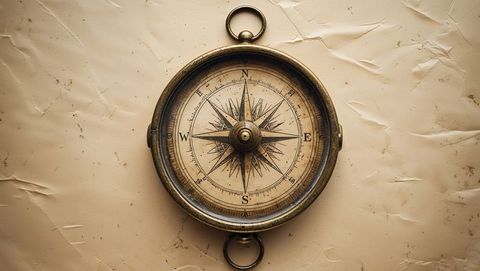 Vintage brass compass on aged parchment for exploration themes
