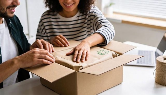 Couple packing recyclable parcels for sustainable small business shipping and unboxing