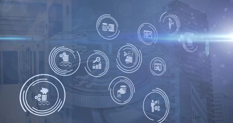 Digital Interface Business Icons Over Cityscape