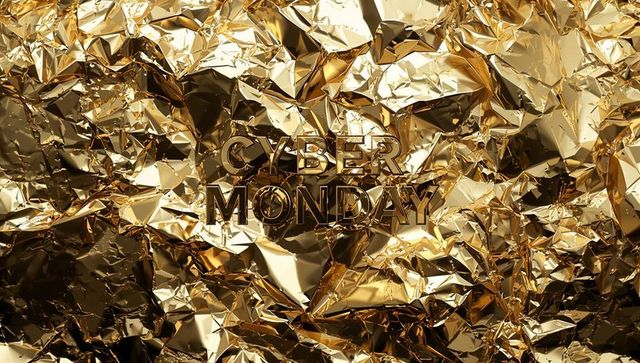 Cyber monday gold foil backdrop with shimmering embossed metallic typography