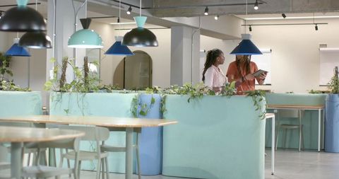 Two african american colleagues collaborating on tablet in modern coworking space with plants