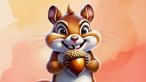 Whimsical chipmunk with acorn against pastel background