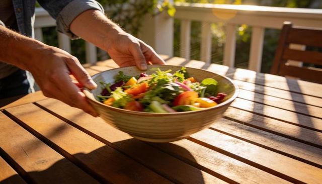 Hands placing ceramic bowl of fresh summer salad on sunlit wooden patio table al fresco meal