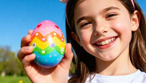 Smiling girl holding colorful painted easter egg outdoors with blue sky and headband