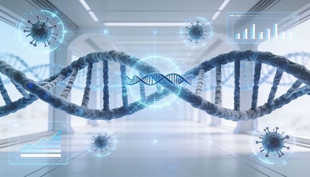Floating 3d dna helix with holographic virus models and interactive data visualizations