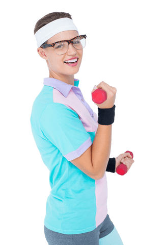 Transparent Geeky Hipster Girl Lifting Dumbbells with Enthusiasm