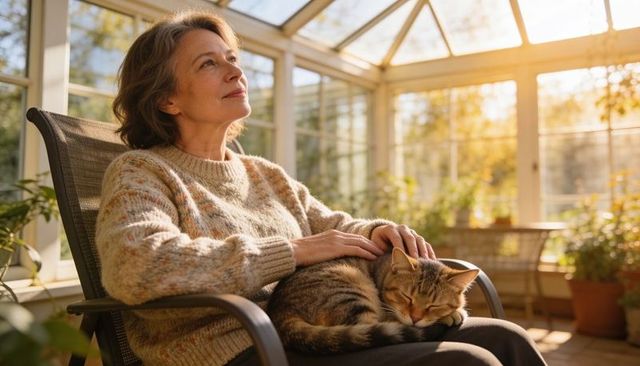 Senior woman relaxing in sunroom holding sleeping tabby cat on lap during golden hour