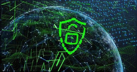 Neon green cybersecurity shield protecting global network hologram over digital globe