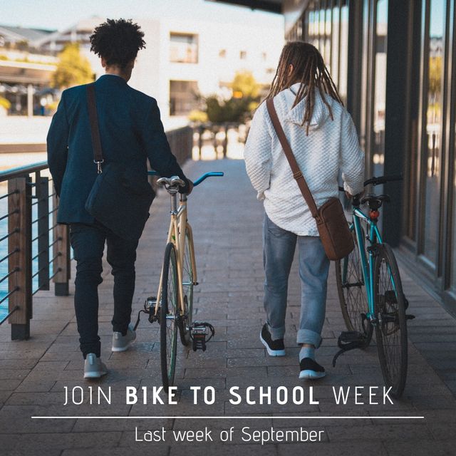 This image showcases two young men walking with their bicycles in an urban environment. It can be used for promoting events like Bike to School Week, emphasizing the benefits of biking for health and environment. Ideal for educational campaigns, transportation initiatives, and health awareness materials.