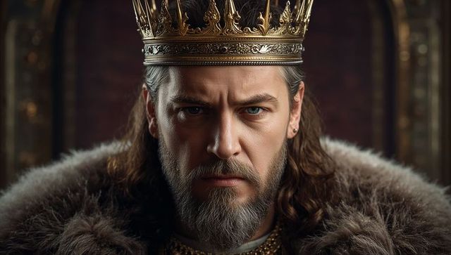 Gazing stoic medieval king wearing ornate gold crown and fur mantle, regal throne portrait