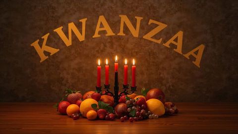 Glowing black kinara holding five lit candles with fruit and gold KWANZAA letters