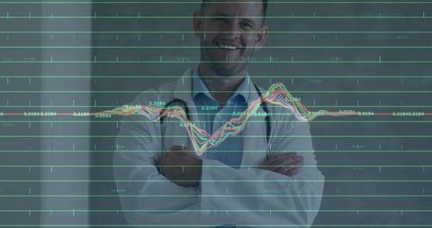 Doctor Analyzing Medical Data with Graph Overlay in Corridor